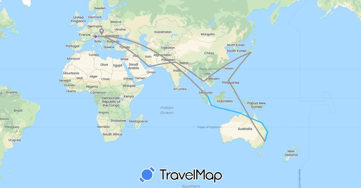 TravelMap itinerary: plane, train, boat in United Arab Emirates, Australia, Croatia, Indonesia, India, Italy, Japan, Philippines, Singapore, Thailand (Asia, Europe, Oceania)