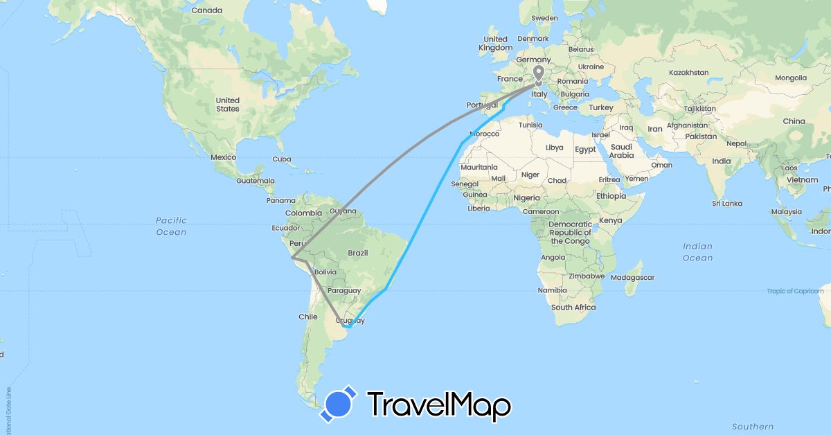 TravelMap itinerary: driving, plane, boat in Argentina, Brazil, Spain, Italy, Peru, Uruguay (Europe, South America)