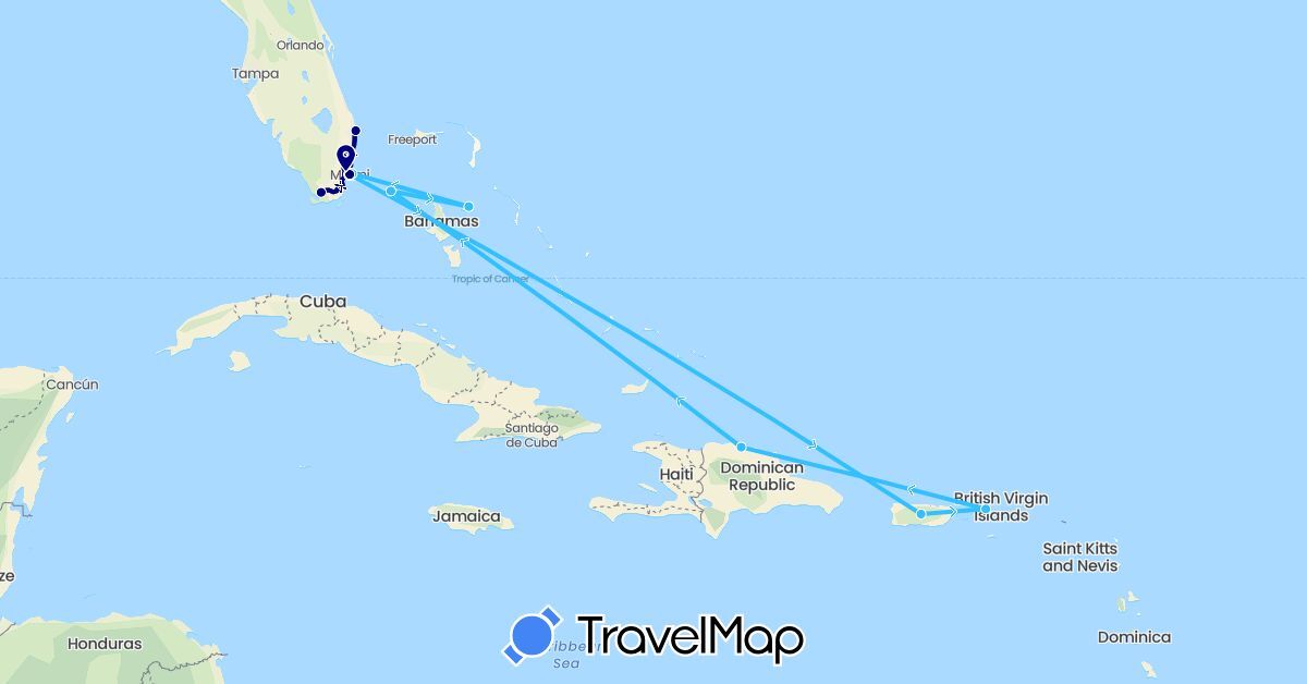 TravelMap itinerary: driving, boat in Bahamas, Dominican Republic, United States (North America)