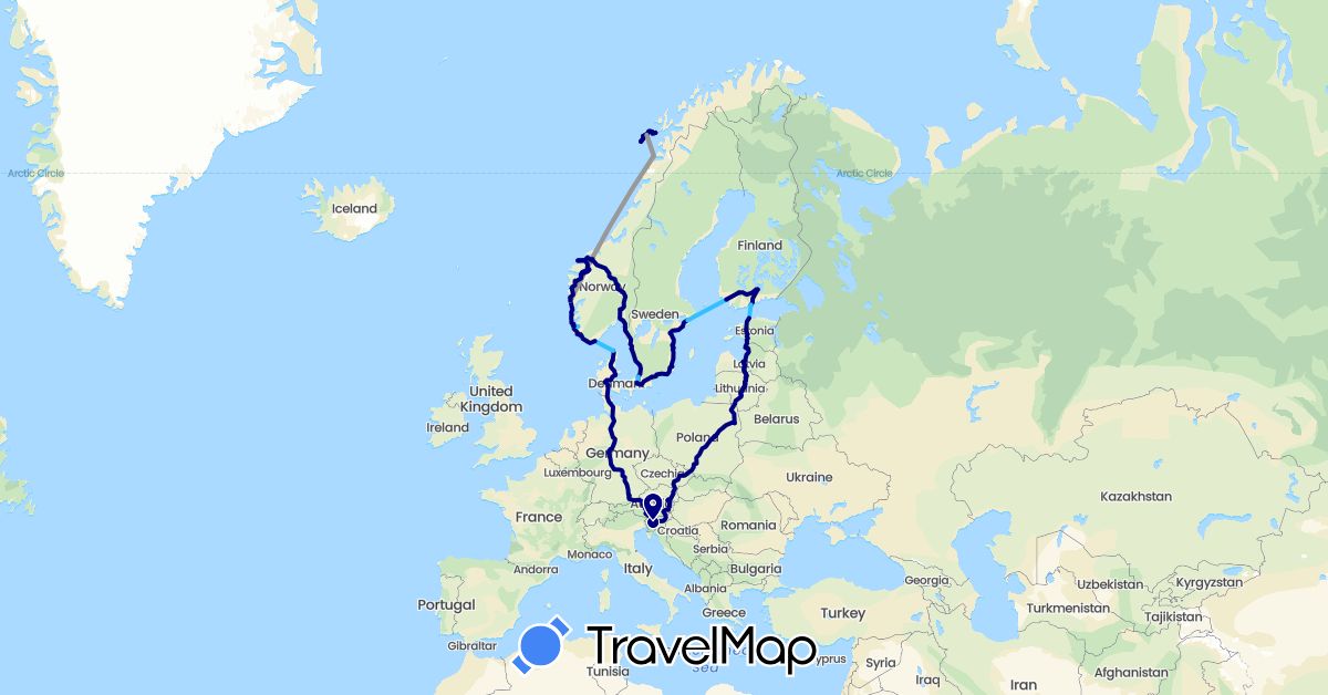 TravelMap itinerary: driving, plane, boat in Austria, Denmark, Estonia, Finland, Latvia, Norway, Poland, Sweden, Slovenia (Europe)