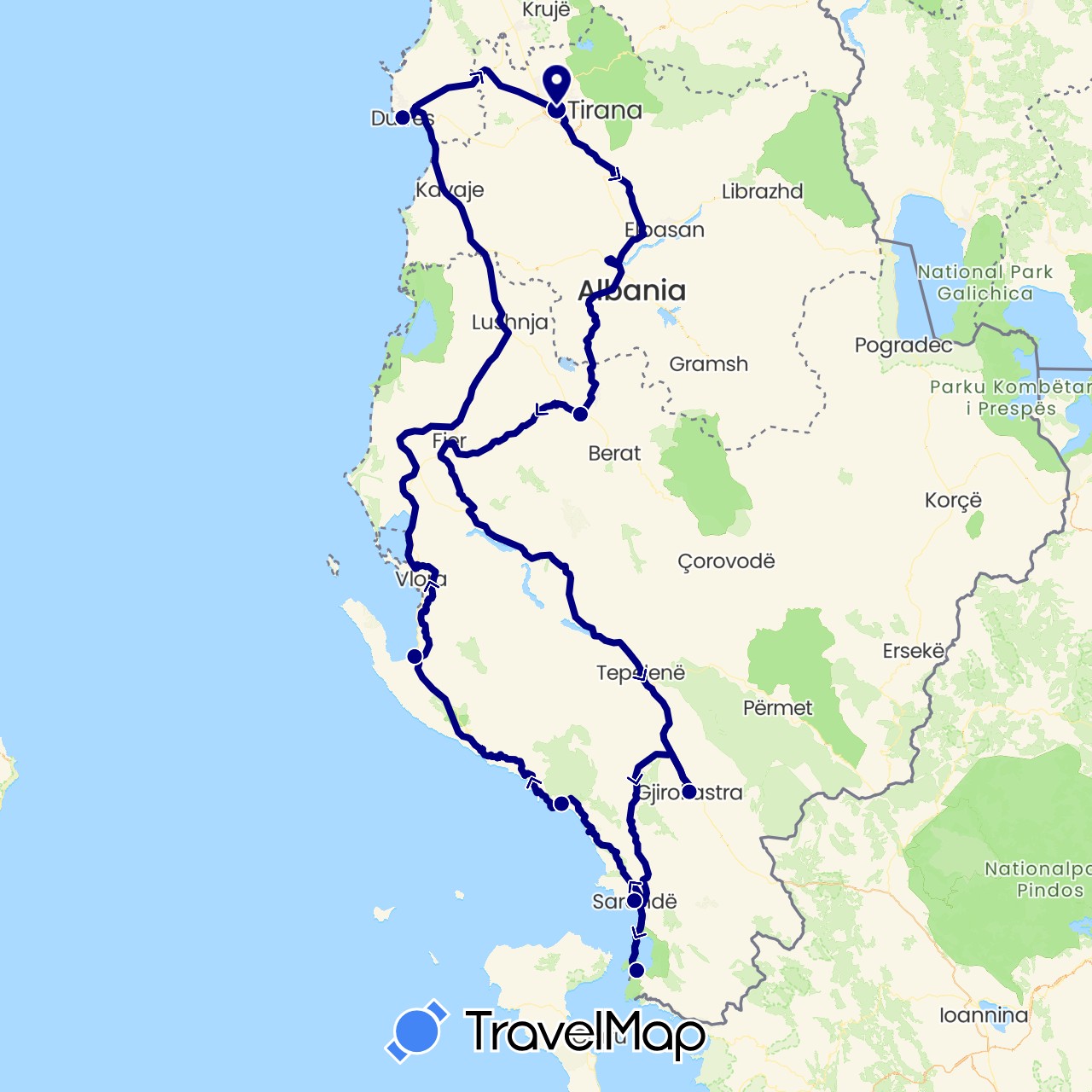 TravelMap itinerary: driving in Albania (Europe)